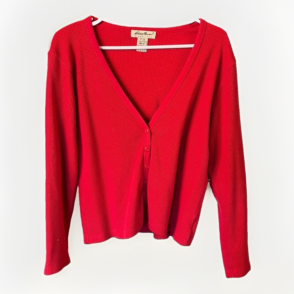 Eddie Bauer Cozy Women's XS Button Down Waffle Knit Red Cardigan Cottagecore